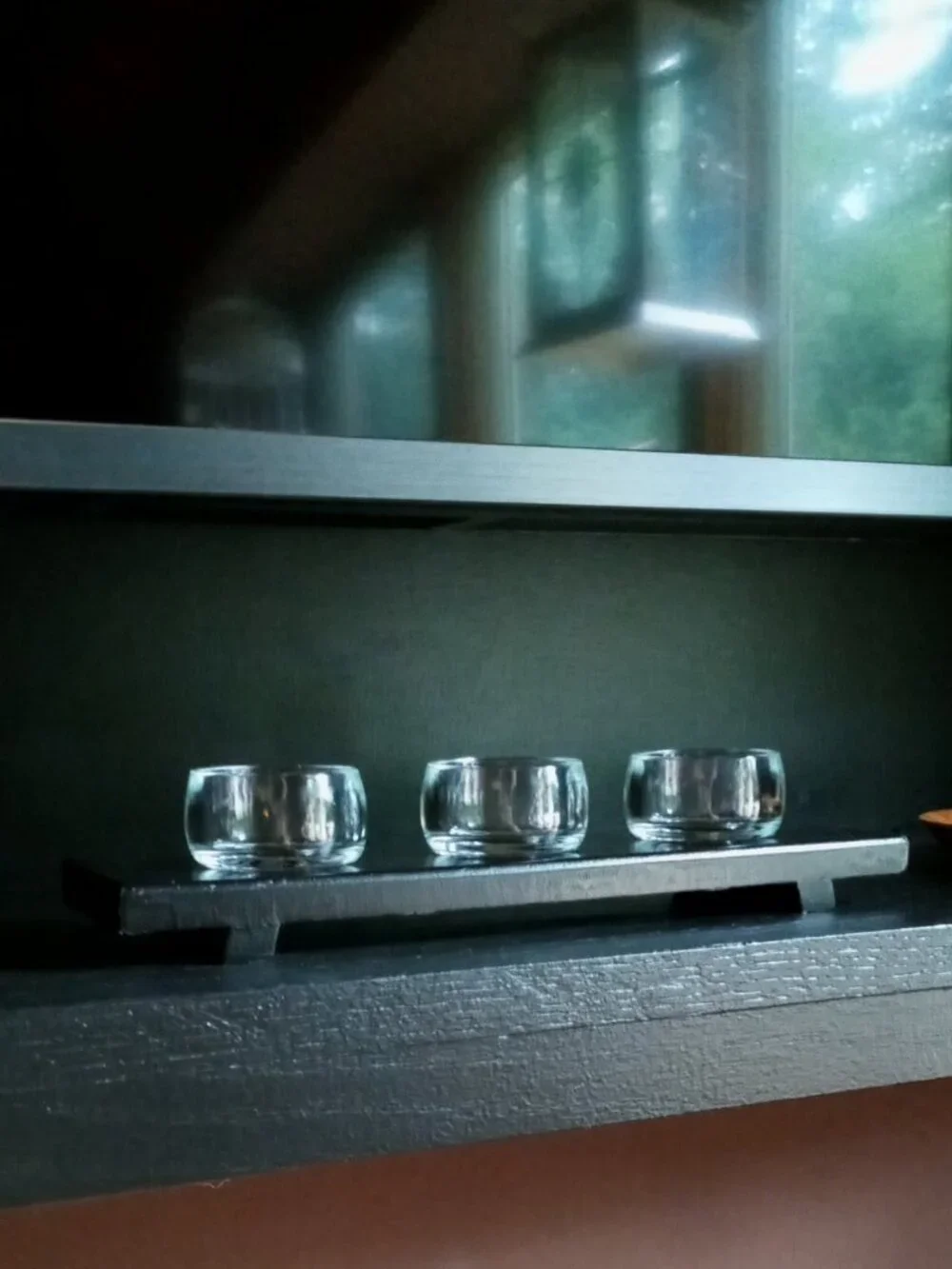 3-Cup Glass Votive/Tealight Candle Holder Centerpiece w/Black Wooden Tray Decor
